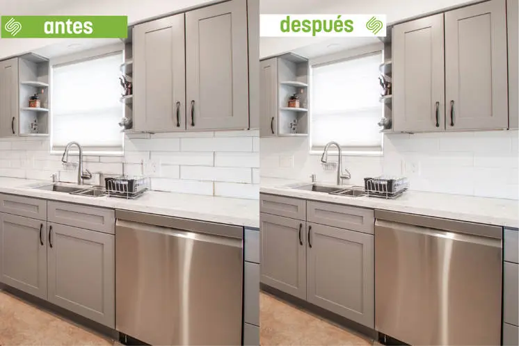 Before and after applying tile paint in the kitchen