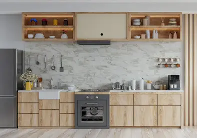 Cocina con pared de azulejos imitando a mármol