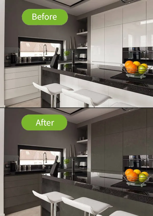 Before and after kitchen with microcement on floor