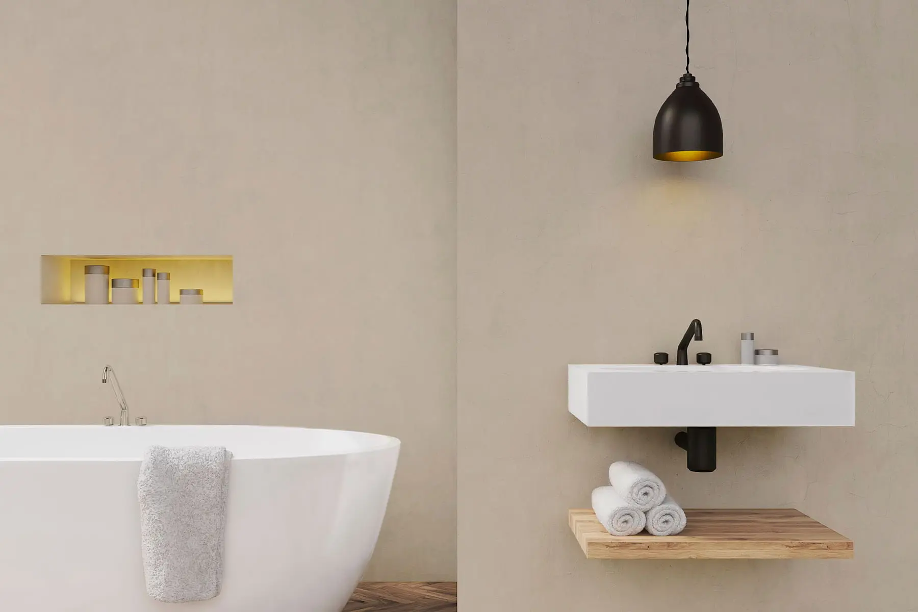 Bagno con pareti rivestite in microcemento pronte all'uso