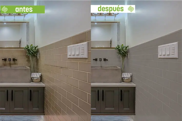 Prima e dopo la verniciatura delle piastrelle del bagno